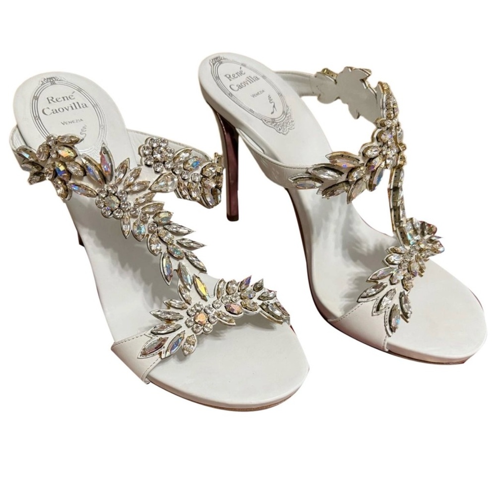 Rene Caovilla White Crystal-Embellished T-Strap Stiletto Sandals